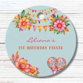 Étiquettes Cadeau Rose Floral Blue Fiesta 1er anniversaire Merci