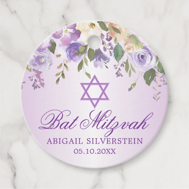 Étiquettes Cadeau Rose Floral Star David Bat mitzvah Merci (Devant)