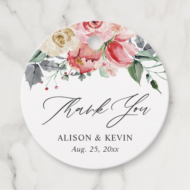 Étiquettes Cadeau Rose florale crème roseau aquarelle Merci (Devant)