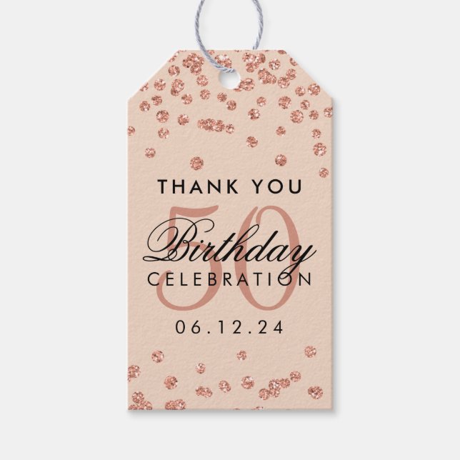 Étiquettes-cadeau Rose Gold Blush 50e anniversaire Merci Confetti (Devant)