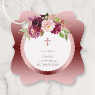 Étiquettes Cadeau Rose Gold Bourgogne Floral 1er Anniversaire & Bapt