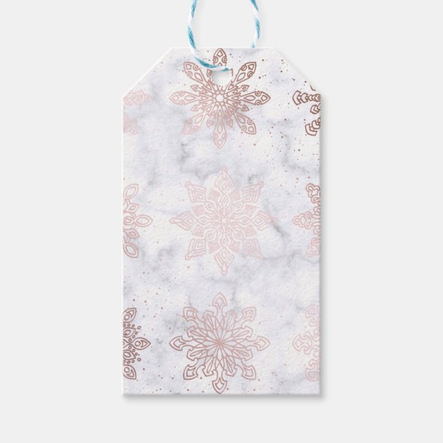 Étiquettes-cadeau Rose Gold & Marble Snowflake Motif de Noël (Devant)
