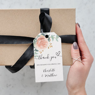 Étiquettes-cadeau rose mariage or vert fleuri merci