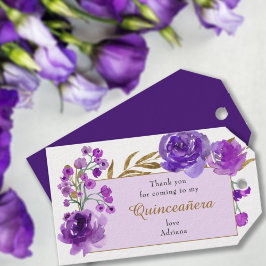 Étiquettes-cadeau Rose pourpre et feuille d'or Quinceanera Merci