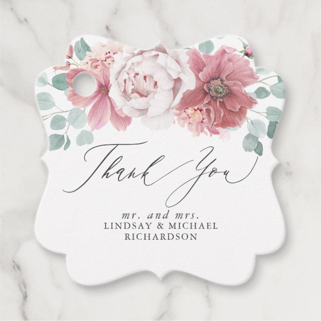 Étiquettes Cadeau Rose Poussiéreuse Floral Élégant Merci (Devant)