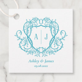 Étiquettes Cadeau Rose Rambling Monogramme Turquoise Blason Mariage