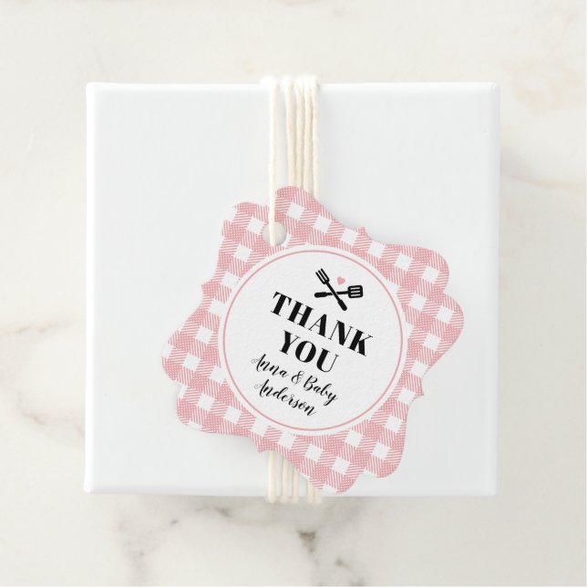 Étiquettes Cadeau Rose Rose En vichy Plaid Baby Q Douche Merci (En situation)
