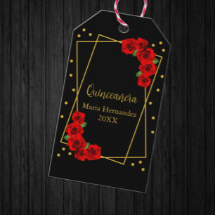 Étiquettes-cadeau Rose rouge Quinceañera noir et or