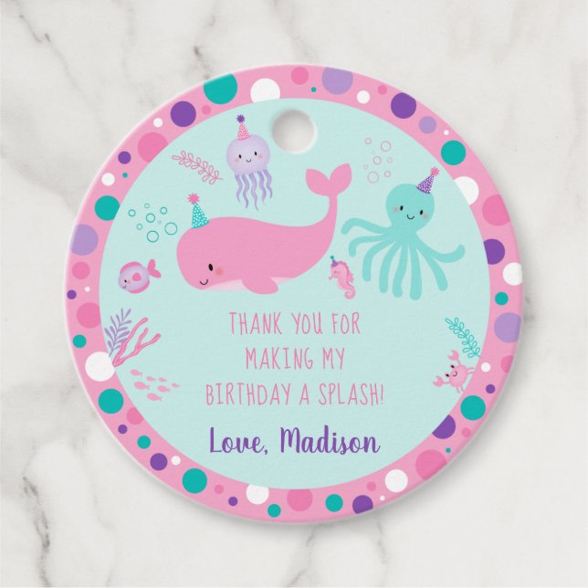 Étiquettes Cadeau Rose Sous La Mer Baleine Nautique Anniversaire (Devant)