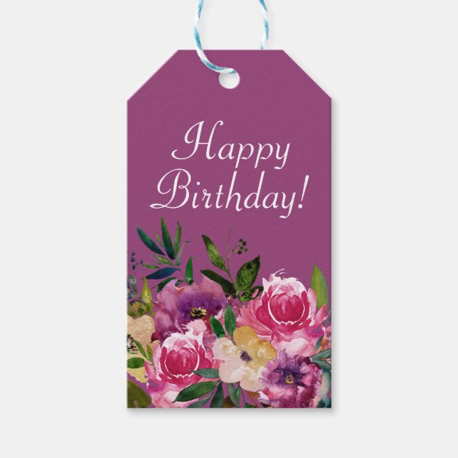 Étiquettes-cadeau Rose violet jaune Floral Anniversaire Joyeux Anniv (Devant)