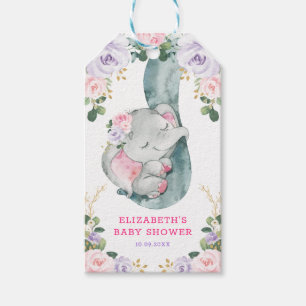 Étiquettes-cadeau Rose violet vert floral Baby shower éléphant