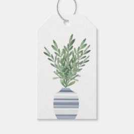 Étiquettes-cadeau Rosemaire d'aquarelle et vase rayé bleu