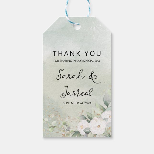 Étiquettes-cadeau Roses blanches feuilles d'eucalyptus Mariage (Devant)