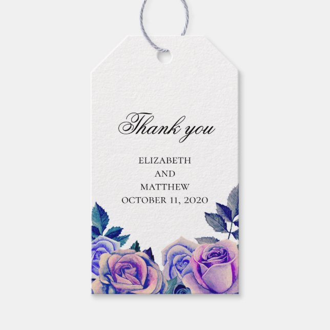 Étiquettes-cadeau Roses bleus et violets merci. Balise cadeau mariag (Devant)