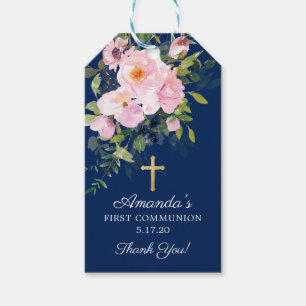 Étiquettes-cadeau Roses et pivoines roses blanches Première communio