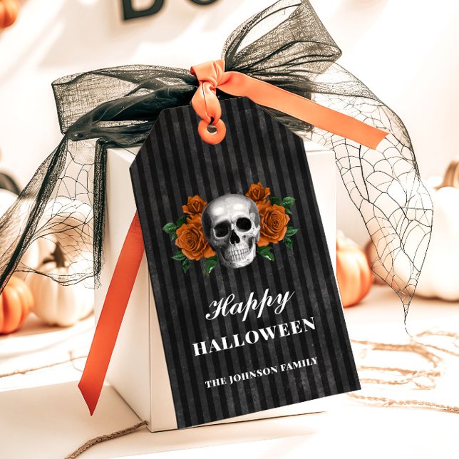 Étiquettes-cadeau Roses gothiques et Halloween heureux (Gothic Roses & Skull Happy Halloween Gift Tags)