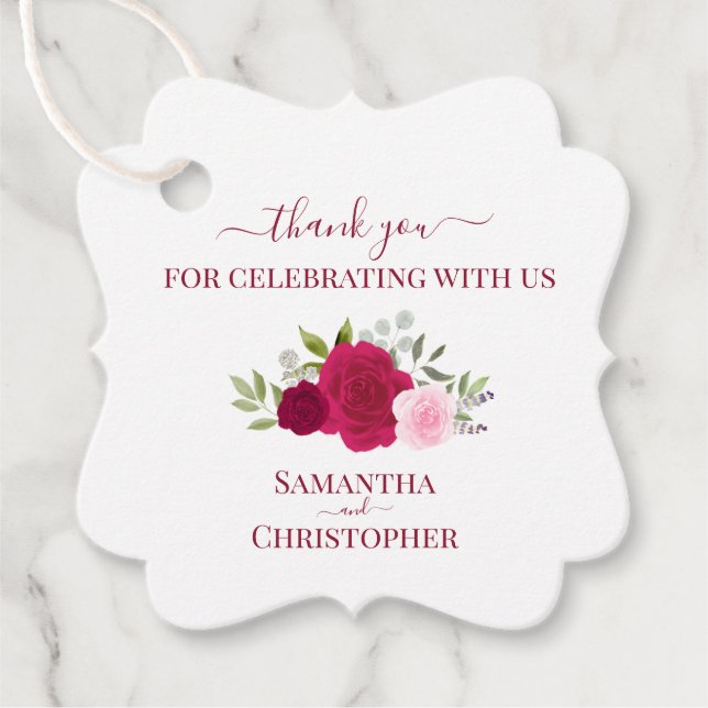 Étiquettes Cadeau Roses magenta et rose Merci de mariage élégant (Devant)