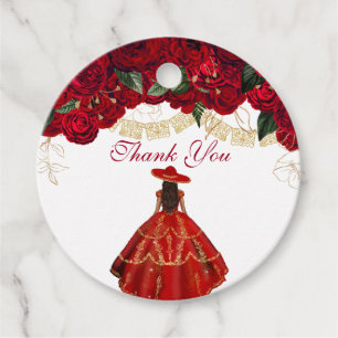 Étiquettes Cadeau Roses Rouges Élégant Floral Charro Quinceanera