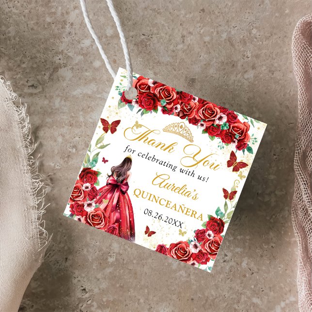 Étiquettes Cadeau Roses rouges Papillons floraux Quinceañera Princes (Créateur téléchargé)