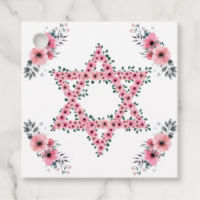 Étiquettes Cadeau Rosh Hashanah Star de David Fleur rose blanc (Devant)