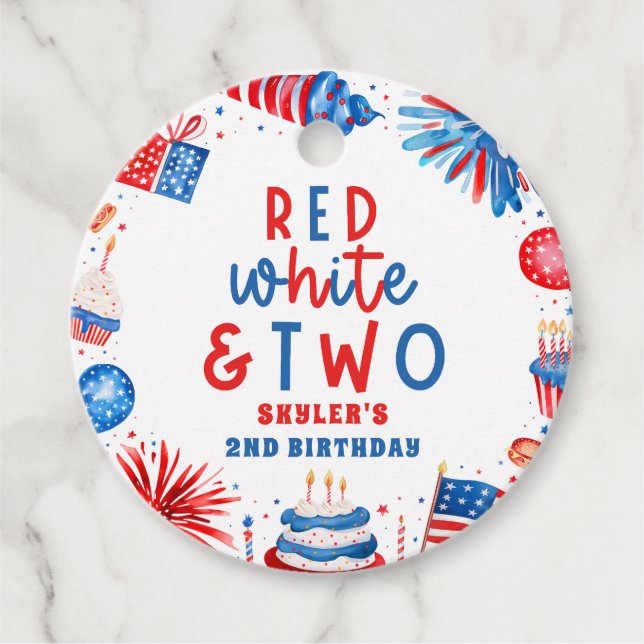 Étiquettes Cadeau Rouge, blanc et deux 4 juillet fête du 2e annivers (Devant)