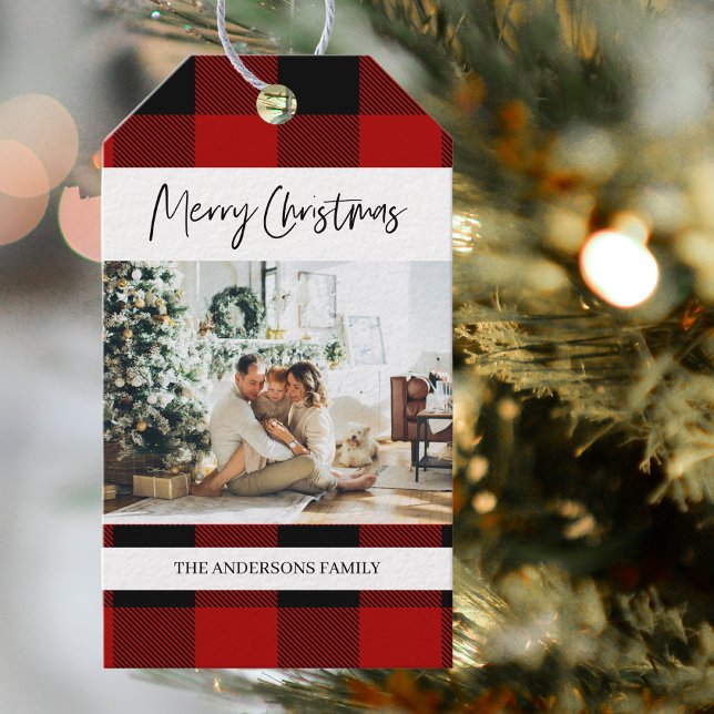 Étiquettes-cadeau Rouge Buffalo Plaid & Joyeux Noël Avec Photo (Créateur téléchargé)