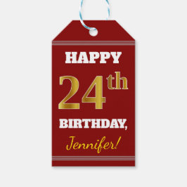 Étiquettes-cadeau Rouge, Faux Gold 24e anniversaire + Nom personnali