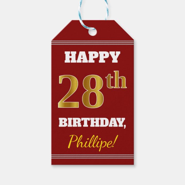 Étiquettes-cadeau Rouge, Faux Gold 28e anniversaire + Nom personnali (Devant)