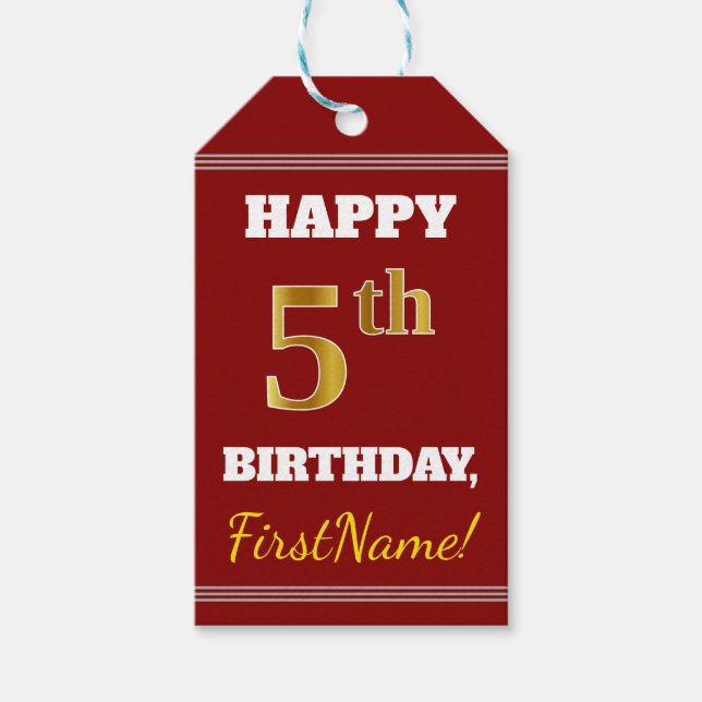 Étiquettes-cadeau Rouge, Faux Gold 5e anniversaire + Nom personnalis (Devant)