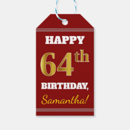 Étiquettes-cadeau Rouge, Faux Gold 64e anniversaire + Nom personnali