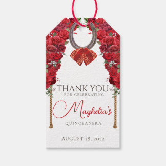 Étiquettes-cadeau Rouge Floral Ouest Charro Quinceañera Merci
