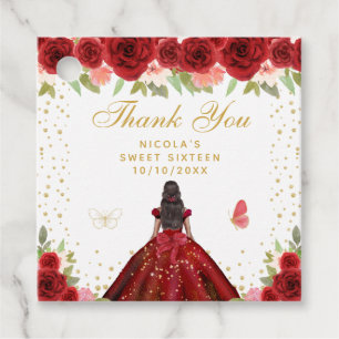 Étiquettes Cadeau Rouge Floral Peau Sombre Princesse Sweet Seize
