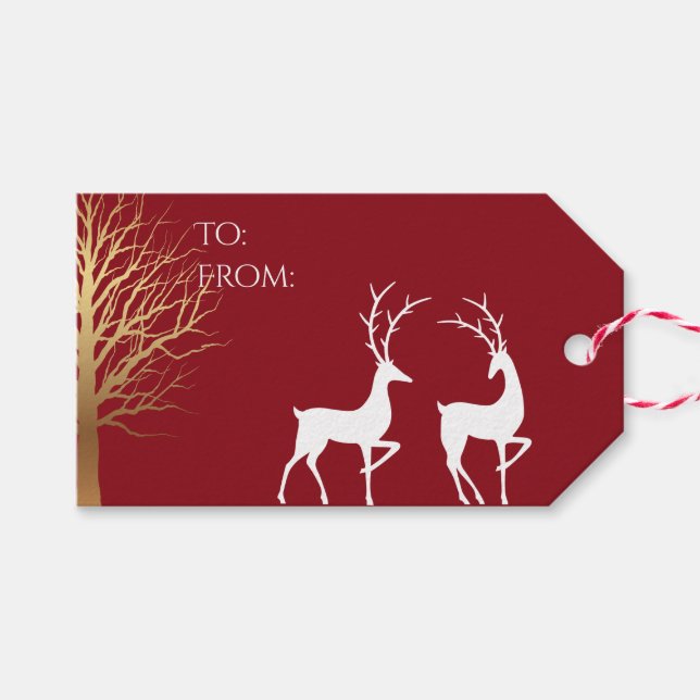 Étiquettes-cadeau Rouge profond de cerf doré moderne (Devant (Horizontal))