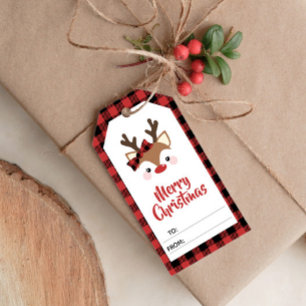 Étiquettes-cadeau Rouge Reindeer Cute Plaid Joyeux Noël À De