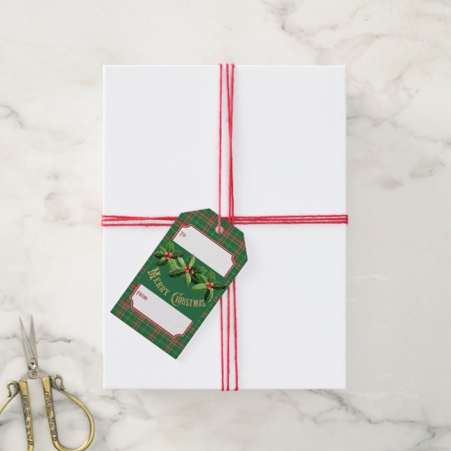 Étiquettes-cadeau Rouge vert de Noël Plaid (Avec de la ficelle)