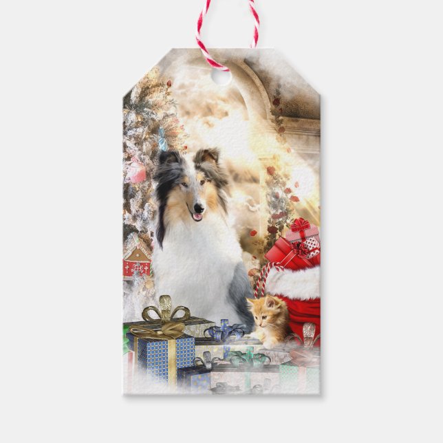 Étiquettes-cadeau Rough Collie & Kitten, À/Depuis Var. -Noël (Devant)