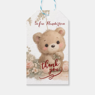 Étiquettes-cadeau rougissement ours brun floral aquarelle