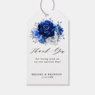 Étiquettes-cadeau Royal Bleu Blanc Argent Métallo Mariage Floral