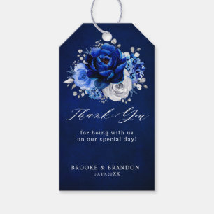 Étiquettes-cadeau Royal Bleu Blanc Argent Métallo Mariage Floral