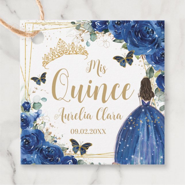Étiquettes Cadeau Royal Blue Floral Princess Gold Quinceañera Quince (Devant)