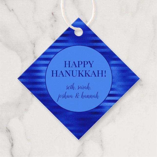 Étiquettes Cadeau Royal Blue Foil rayé Hanoukka personnalisée (Devant)