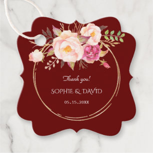 Étiquettes Cadeau Royal Bourgogne rose Fleurs Mariage Gold Frame