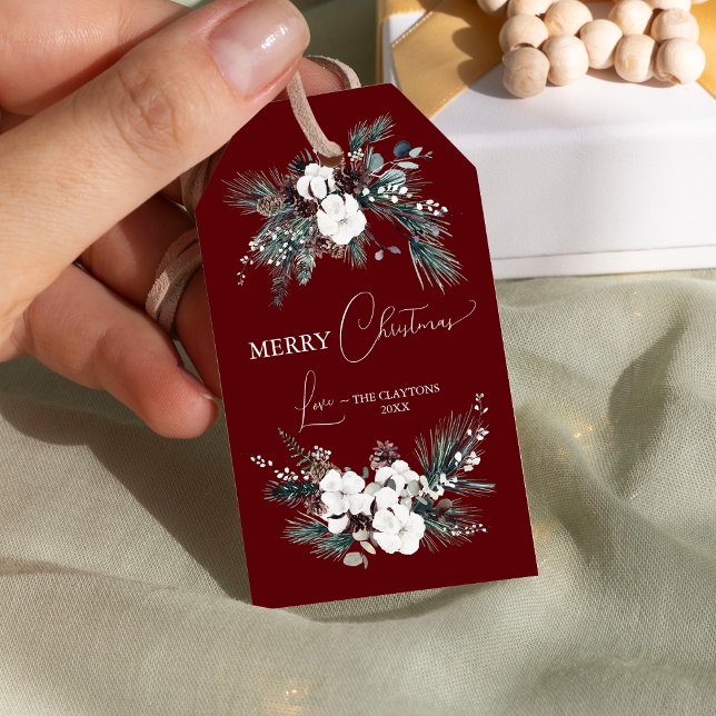 Étiquettes-cadeau Ruby Red Greenery Vintage Joyeux Noël (Créateur téléchargé)