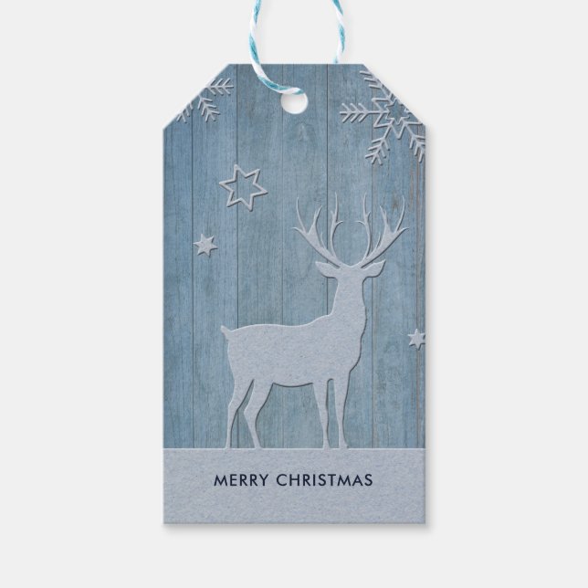 Étiquettes-cadeau Russe Bleu Bois Reindeer Pays Noël (Devant)
