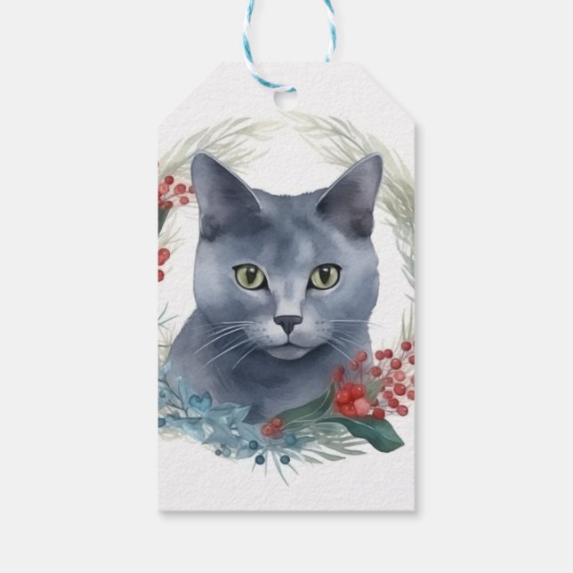 Étiquettes-cadeau Russe Blue Chat Noël Wreath Festive Kitten (Dos)