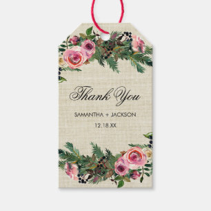 Étiquettes-cadeau Russe hiver Burlap Pine Rose Merci Mariage