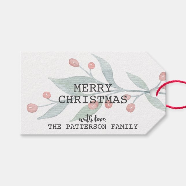 Étiquettes-cadeau Russe Joyeux Noël Holly Berry Aquarelle rouge (Devant (Horizontal))