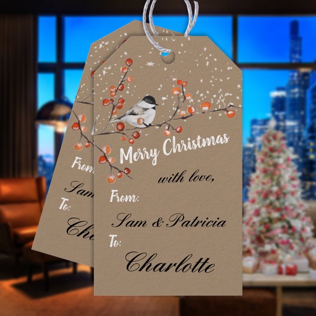 Étiquettes-cadeau Russe Kraft Casquette noir chickadee Ilex Berry ne (Rustic Kraft Black Cap Chickadee Ilex Berry Snow Christmas Holiday Gift Wrapping Name Tags)