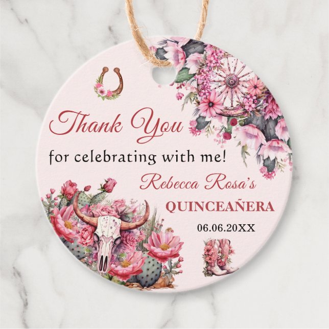 Étiquettes Cadeau Russe rose Boho Ouest Charra Thème Quinceanera (Devant)
