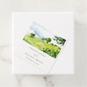 Étiquettes Cadeau Russe Vert Aquarelle Campagne Hills Mariage
